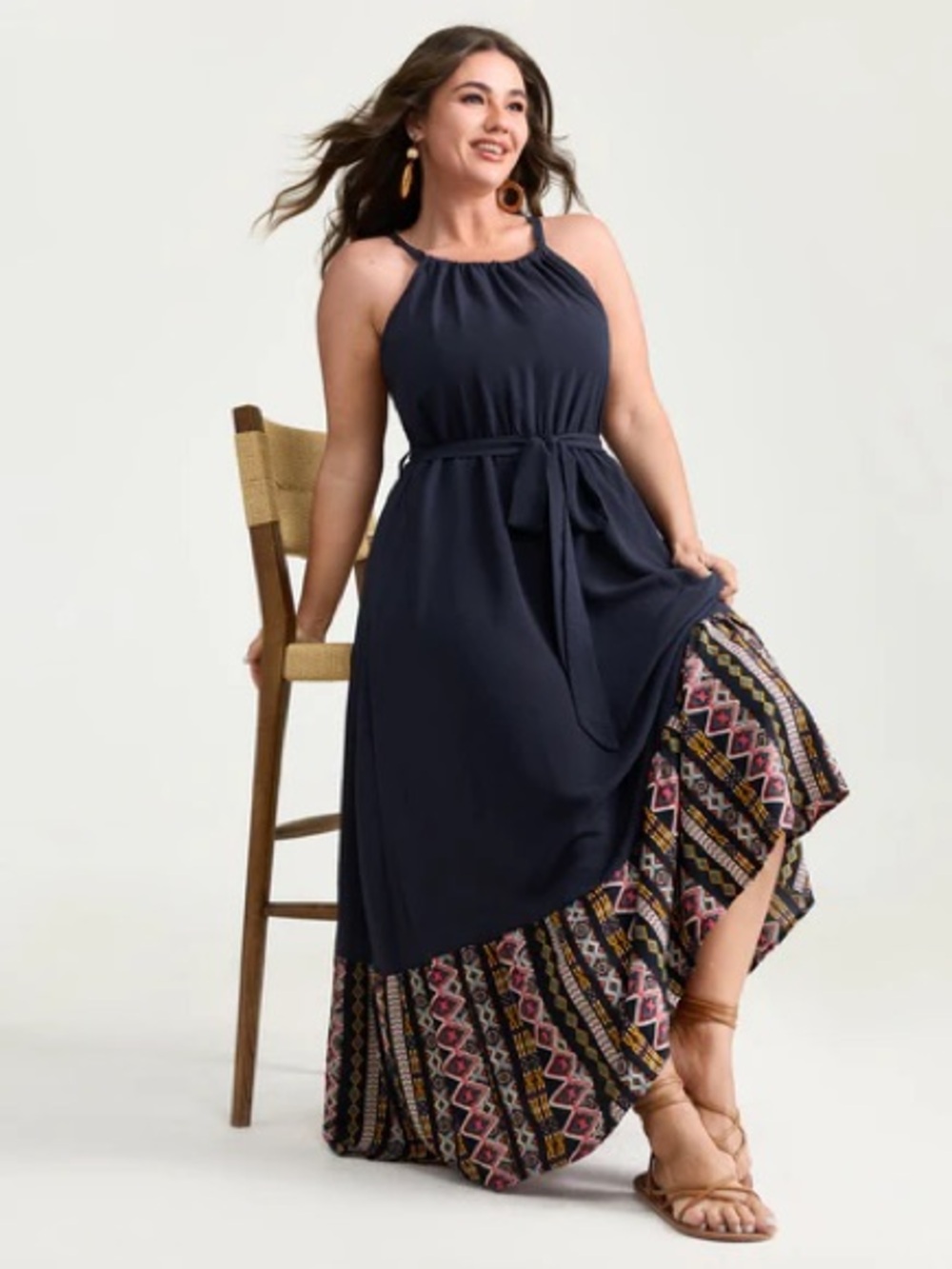 Bloomchic Colorful Boho Striped Hem Halter Neck Maxi Dress in Indigo size 22-24